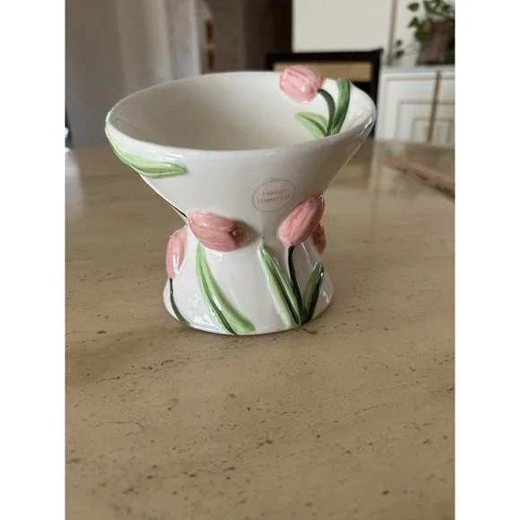Mellow & Mod Cat Drinking Water Tall Bowl "Pink tulips" Hand Painted Colorful - Picture 2 of 10